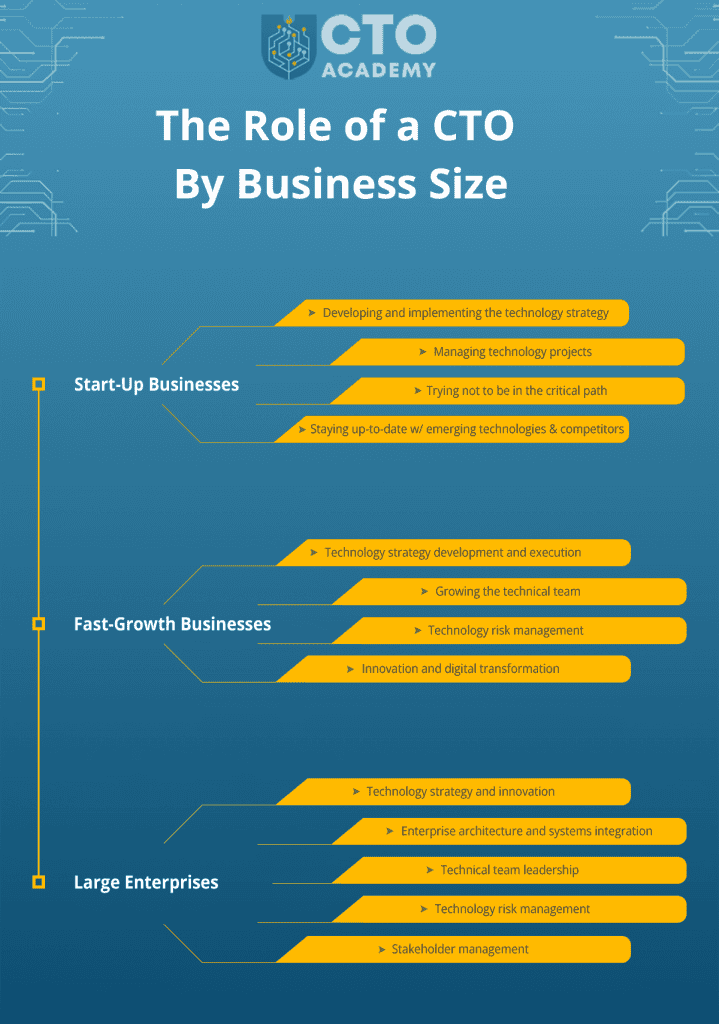 Infographic summaries of the role of a chief technology officer by business size