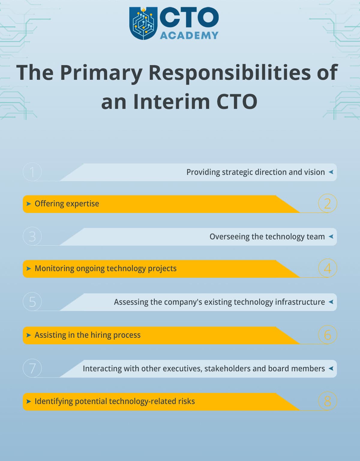 The list of primary responsibilities of an Interim CTO (click to enlarge/download) The list of primary responsibilities of an Interim CTO (infographic summary)