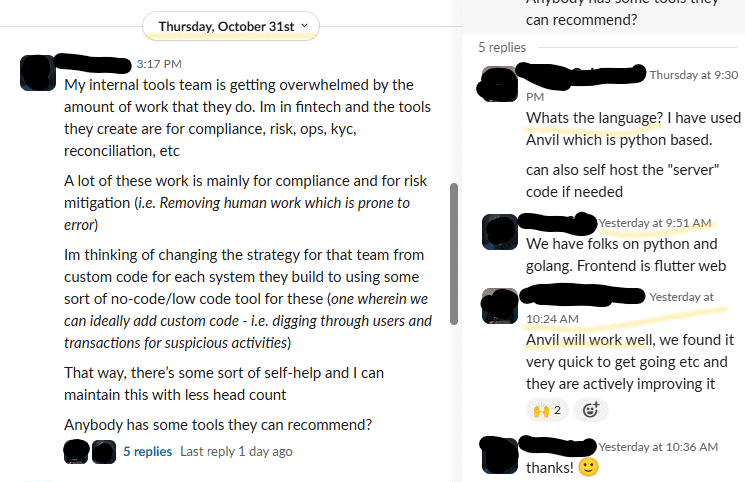 CTO network conversation-a screenshot of an actual Q&A between fellow technology leaders