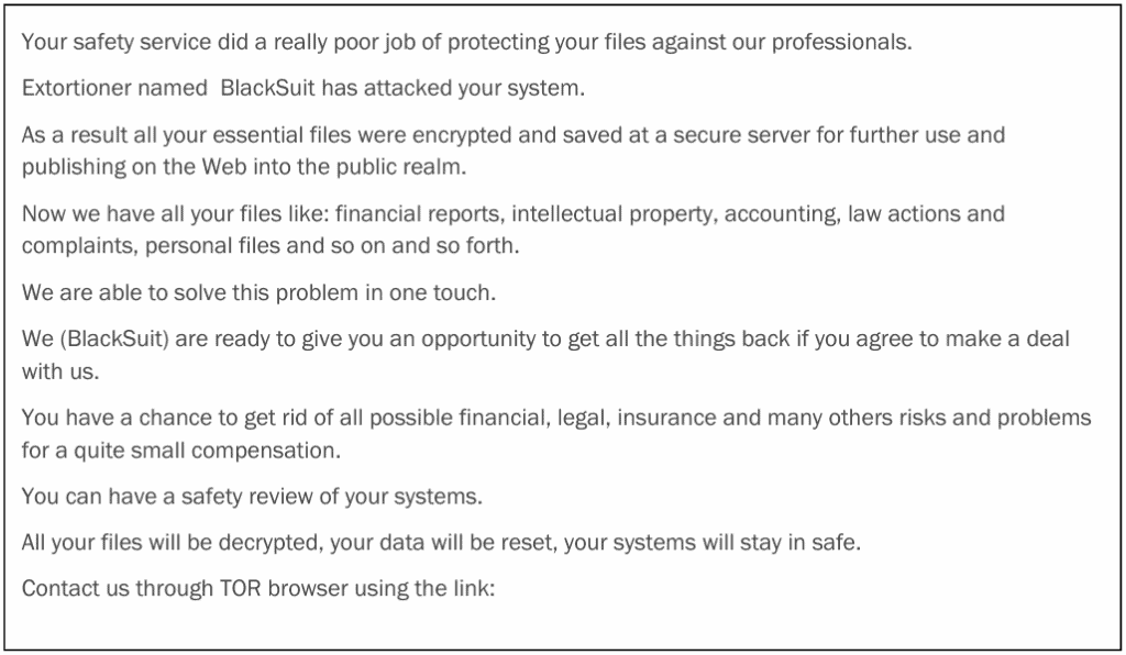 The BlackSuit ransome note sent to CDK Global during the ransomware attack