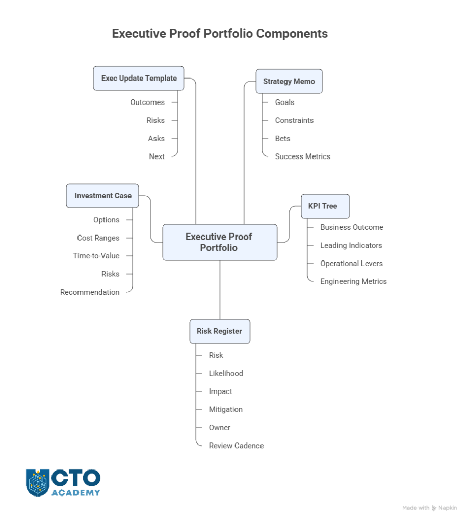 Executive Proof Portfolio Components - visual mindmap of 5 main components with artifacts