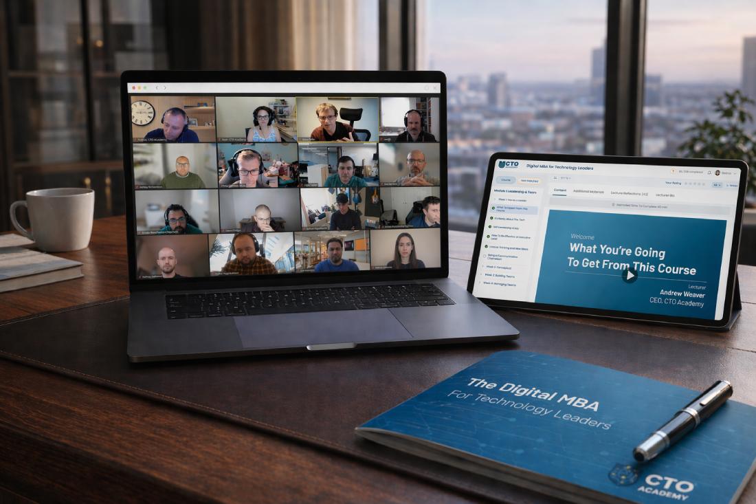The Digital MBA workbook beside a live online CTO Academy session